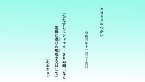 ひたすらにシャッターきりぬ頭上なる電線に番（つが）ひの鵯（ひよ）鳴き交はして