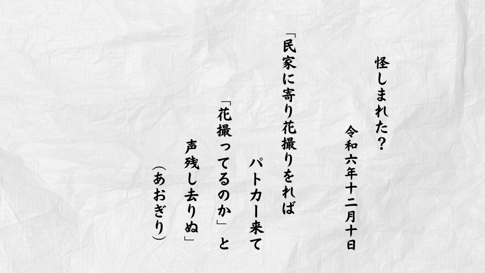 民家に寄り花撮りをればパトカー来て「花撮ってるのか」と声残し去りぬ