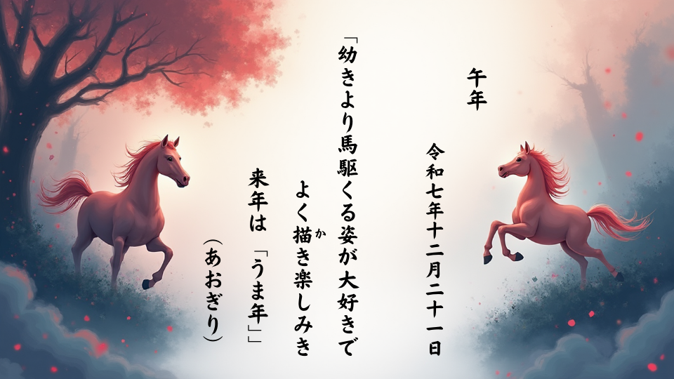 「幼きより馬駆くる姿が大好きでよく描（か）き楽しみき　来年は「うま年」」