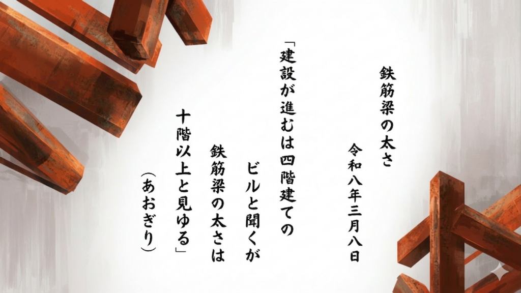 建設が進むは四階建てのビルと聞くが鉄筋梁の太さは十階以上と見ゆる